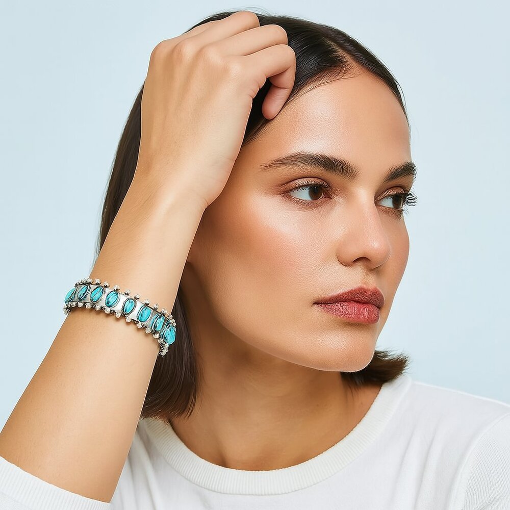 Boho Silver Tone Turquoise Cuff Bracelet Southwestern Open Bangle OS New